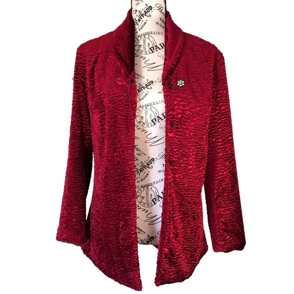 Vintage Will’s River Co. Velvet Blazer Faux Lamb Fur Jacket Pea Coat Red 2 Small - Picture 5 of 16